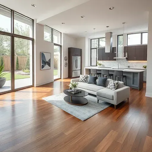 Spacious modern Arlington TX home interior with hardwood floors large windows neutral sofa kitchen stainless appliances landscaping