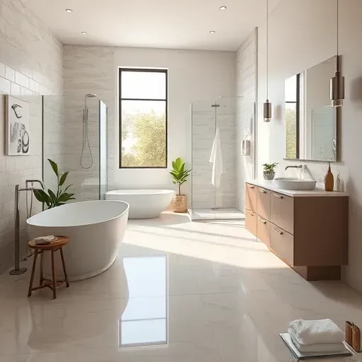 Recently remodeled modern bathroom in West Midlothian TX with sleek fixtures, glass shower, freestanding tub, and natural light
