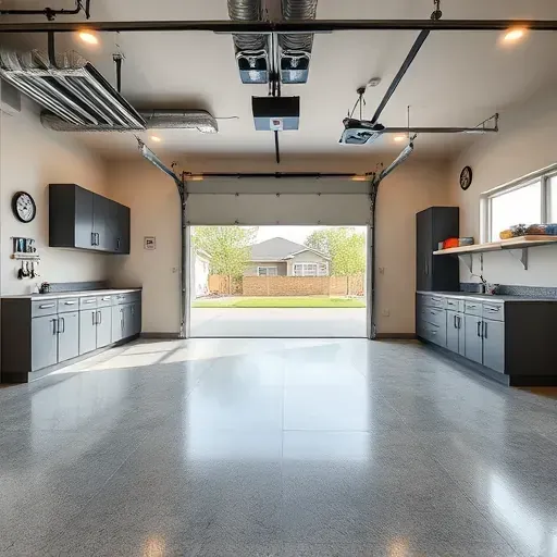 Remodeled Arlington Texas garage with polished concrete floors, gray cabinets, high ceilings, exposed ductwork, and organized tools