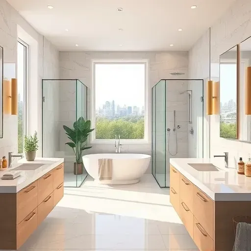 Renovated bathroom in Arlington TX featuring modern elegance, freestanding tub, natural light, and luxurious details.