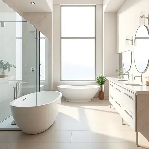 Beautiful renovated bathroom in South Arlington TX with frameless glass shower, freestanding tub, marble vanities, and natural lighting