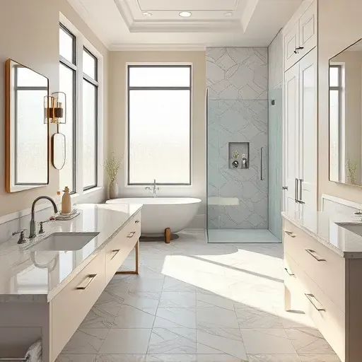 Recently remodeled modern bathroom in West Midlothian TX with marble countertops walk-in shower freestanding tub and elegant tile flooring