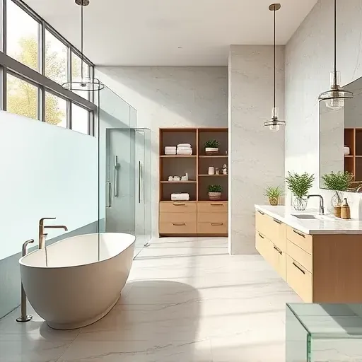 Luxurious modern bathroom in North Grand Prairie TX with frosted glass shower, freestanding tub, marble countertops and brushed nickel fixtures