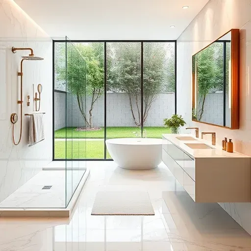 Newly renovated Arlington TX bathroom features modern fixtures, walk-in shower, freestanding tub, and ambient lighting.