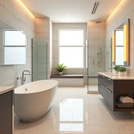 Renovated East Euless TX bathroom with modern fixtures, soaking tub, glass shower, polished tiles, stylish vanity, and warm lighting