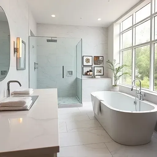 Remodeled North Midlothian TX bathroom with modern fixtures, walk-in shower, marble counters, soaking tub, and natural light