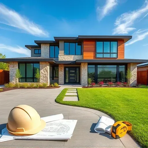 Completed modern home in North Midlothian TX featuring stone and wood facade, large windows, landscaped yard, tools in foreground.