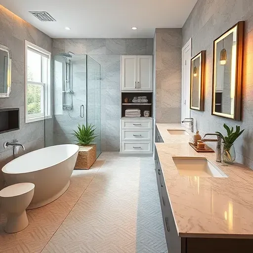 Remodeled North Mansfield TX bathroom with modern fixtures, walk-in glass shower, soaking tub, stone countertops, and elegant tile design