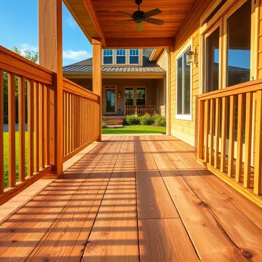 Freshly built cedar porch in Arlington Texas with polished wood, decorative railing, lush landscaping, and modern house backdrop