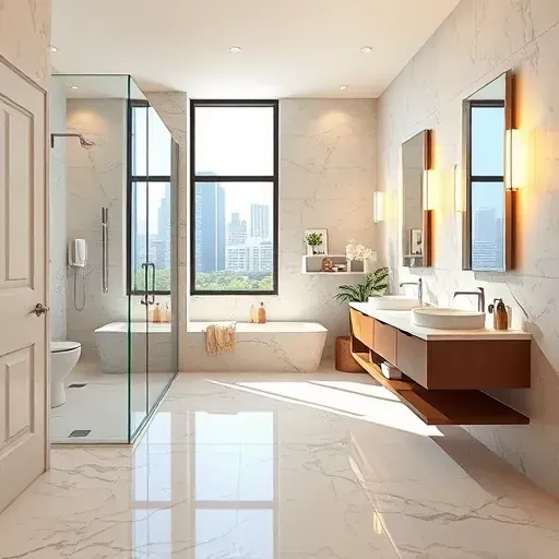 Remodeled Arlington bathroom with marble flooring, walk-in shower, modern fixtures, and natural light enhancing elegance.