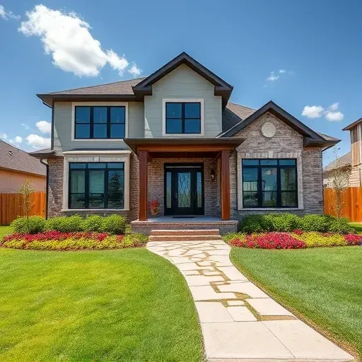 Beautiful modern home in East Grand Prairie, TX, featuring large windows, stone pathway, and lush landscaping.