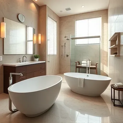 Renovated West Euless TX bathroom with modern design, freestanding tub, stone flooring, sleek fixtures, and walk-in shower