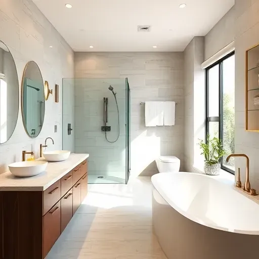 Remodeled North Midlothian TX bathroom with walk-in shower, freestanding tub, modern fixtures, and elegant tiled walls