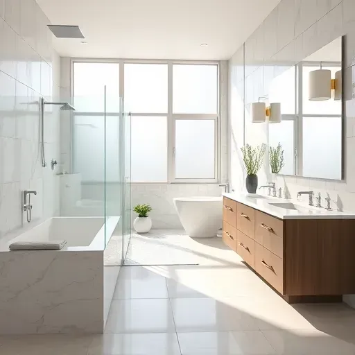 Remodeled Mansfield TX bathroom with modern fixtures, walk-in shower, marble countertops, double vanity, natural light