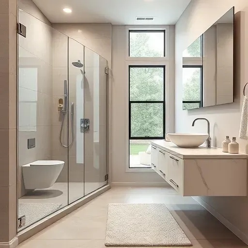 Renovated modern bathroom in East Arlington TX with walk-in shower, marble vanity, large mirror and natural light