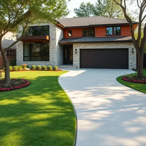 Completed modern residential project in Mansfield TX featuring stone and wood accents with lush landscaping and natural light.