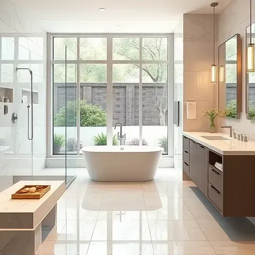 Remodeled West Euless Texas bathroom with freestanding tub marble countertops glass shower neutral tiles natural light lush backyard