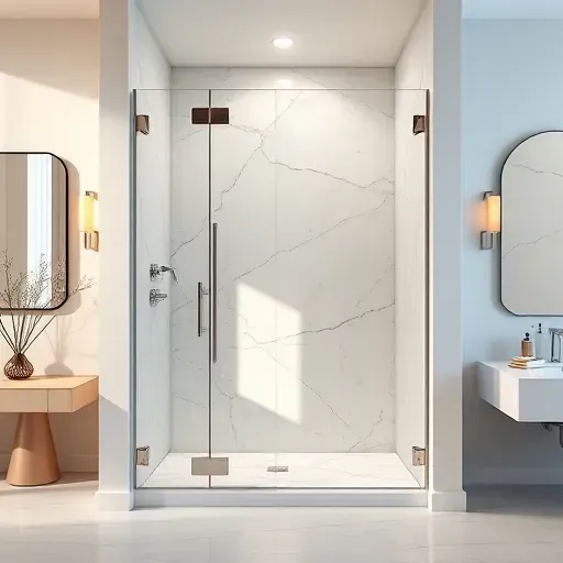 Completed modern walk-in shower installation with glass doors, chrome fixtures, marble tiles, in Arlington TX bathroom