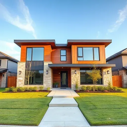 Modern home exterior in South Arlington TX featuring sleek lines, large windows, and lush landscaping under blue sky.