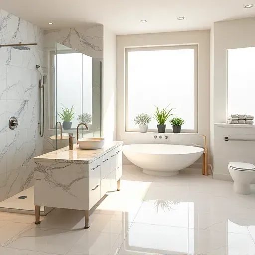 Remodeled Arlington TX bathroom with walk-in shower, double vanity, marble tiles, and modern fixtures creating a luxurious look.