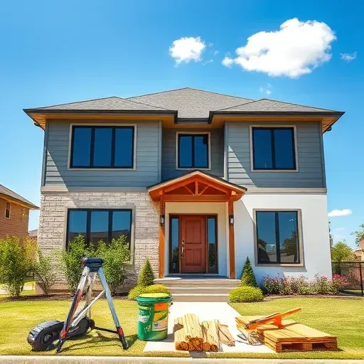 Completed General Contractor project in East Euless TX featuring modern residential home with landscaped yard and tools.