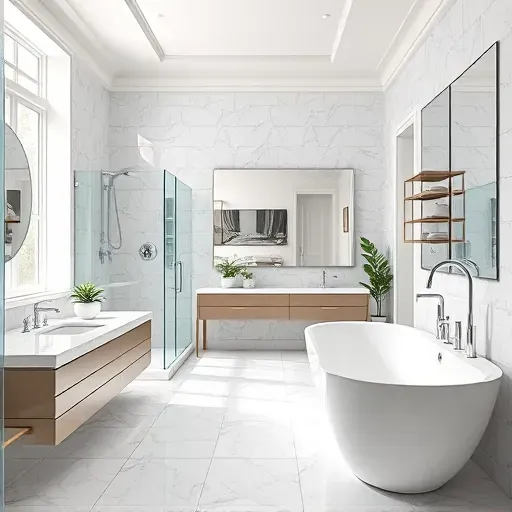 Remodeled bathroom in West Grand Prairie TX with modern fixtures, marble countertops, walk-in shower, freestanding tub, and neutral tones