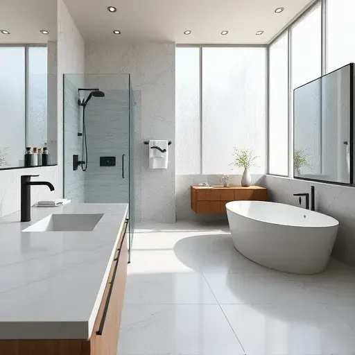 Newly remodeled North Euless bathroom with marble counters, glass shower, soaking tub, and modern design details.