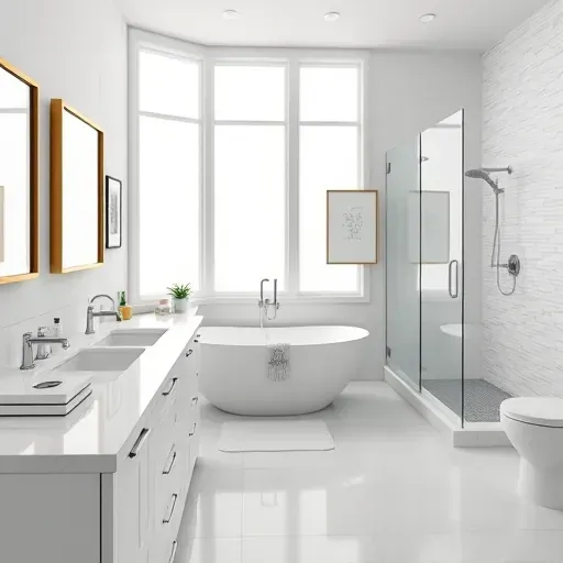 Recently renovated Arlington bathroom with modern design, marble counters, freestanding tub, and elegant walk-in shower.