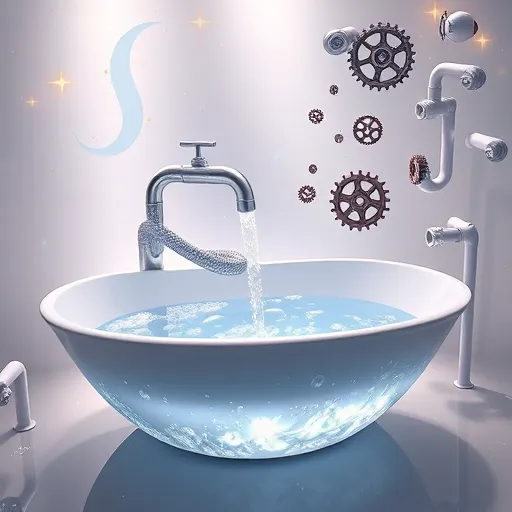 A surreal bathroom scene featuring a sleek, modern faucet transforming into a twisting metallic serpent that coils and releases shimmering bubbles into a luminous, dreamlike water source. The bathtub appears as a floating, translucent crystal lagoon filled with swirling, iridescent currents in calming pastel blues, silvery whites, and subtle lavender tones. Pipes fade into whimsical, abstract shapes—some resembling playful wind-up toys, others like tangled ribbons fluttering in an unseen breeze—evoking themes of transformation and fluidity. Nearby, oversized gears and cogs interlock seamlessly with tiny, animated gears resembling miniature dancers, with some featuring smiling faces or creature-like pipe handles, symbolizing mechanical innovation with a playful twist. The background depicts an otherworldly bathroom interior with celestial motifs—stars, moons, and floating islands—set in a hazy, ethereal atmosphere that emphasizes a dreamlike sense of upgrading beyond reality. Soft, diffuse lighting creates gentle glows and shadows, enhancing a calm yet whimsical mood, with faint reflections of playful shadows dancing across surfaces. The composition combines functional plumbing elements with fantastical, imaginative details, delivering a captivating visual narrative of creative bathroom upgrades.