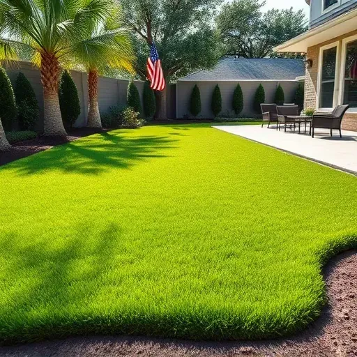Freshly installed lush green sod in a tidy Arlington backyard with modern patio, mature trees, and detailed landscaping.