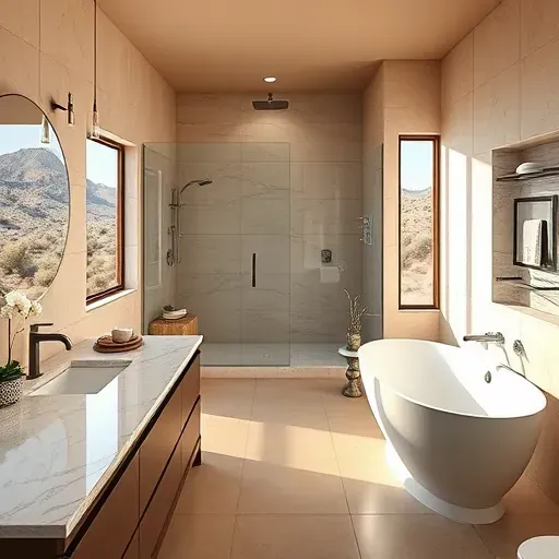 Modern bathroom in Wildcat Ranch TX with marble countertops, glass shower, soaking tub, desert view, and sleek decor