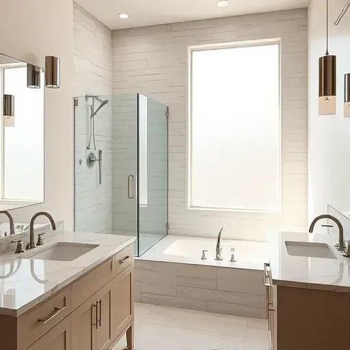 Remodeled Central Grand Prairie bathroom with modern fixtures, walk-in shower, marble counters, soaking tub, and elegant neutral tiles