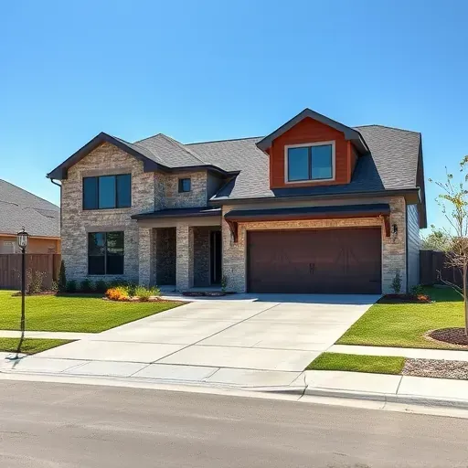 Modern single-family home in Viridian TX with stone and wood accents, large windows, and a manicured lawn.