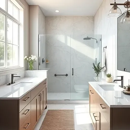 Remodeled bathroom in Grand Prairie TX with modern fixtures, walk-in shower, marble countertops, and elegant decor.