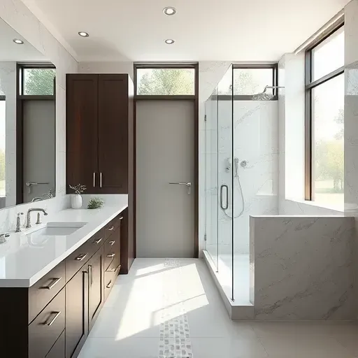 Bathroom remodel in Wildcat Ranch TX with white marble countertops, glass shower, brushed nickel fixtures, dark wood cabinetry, and natural light
