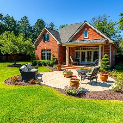 Beautiful Arlington TX residential landscape with lush green lawn colorful flower beds modern patio brick house and mature trees