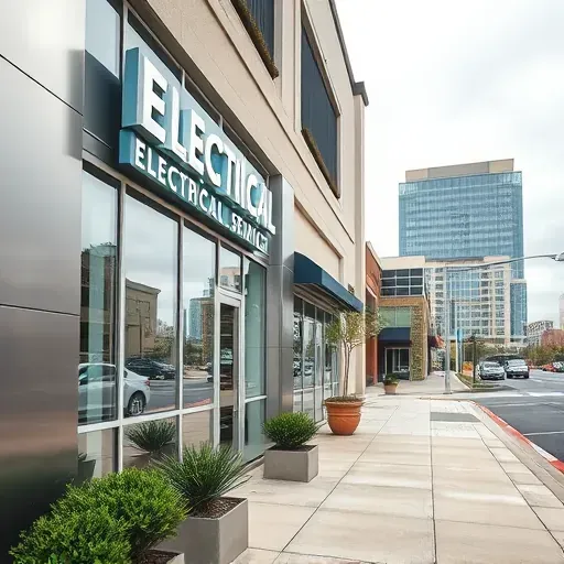 Modern electrical service storefront in Arlington TX with glass windows, sleek signage, landscaped sidewalk, and city street background