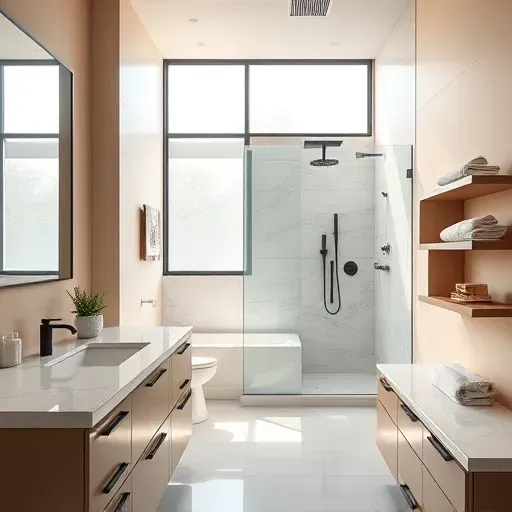Renovated North Cedar Hill TX bathroom with marble counters matte black fixtures rainfall shower neutral tiles and natural light