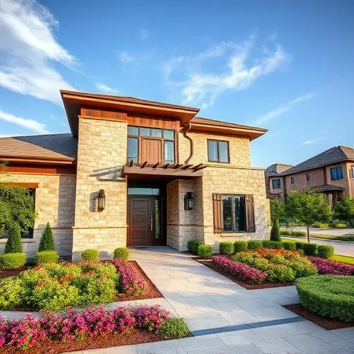 Modern home in Woodland West TX with stone façade, wooden accents, and lush landscaping under clear sky.