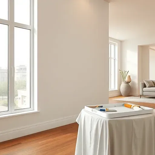 Freshly painted smooth off-white interior wall in Arlington Texas showing natural daylight, clean baseboards, modern decor, and wooden flooring