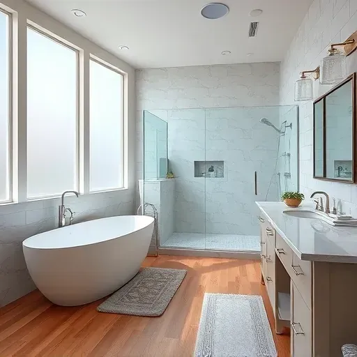 Modern remodeled bathroom in Cedar Hill TX with soaking tub, walk-in shower, marble countertops, hardwood floors, and natural light