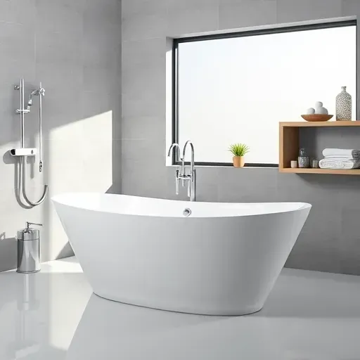 Newly installed white bathtub in a modern bathroom with glossy surfaces, chrome fixtures, natural light, and minimalist decor