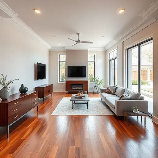 Renovated Arlington TX living room with modern design, hardwood floors, neutral colors, stylish furniture, and natural light