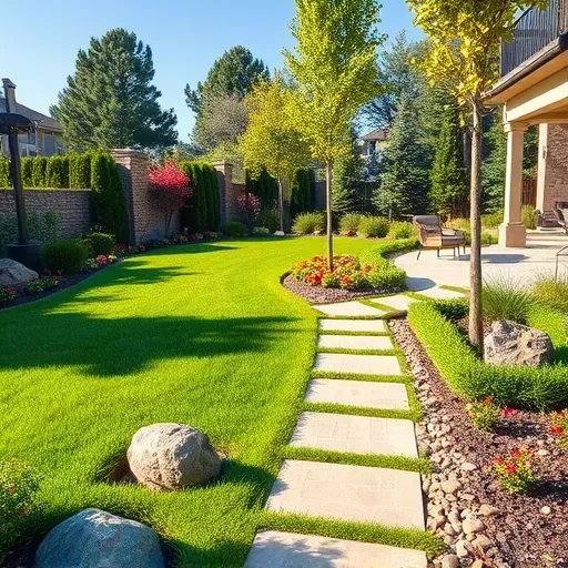 Completed Arlington TX landscape featuring lush grass flower beds decorative rocks stone pathway patio trees shrubs and irrigation under bright sunlight
