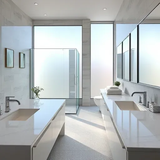 Remodeled South Arlington bathroom with marble countertops bright natural light frosted windows modern fixtures and sleek design