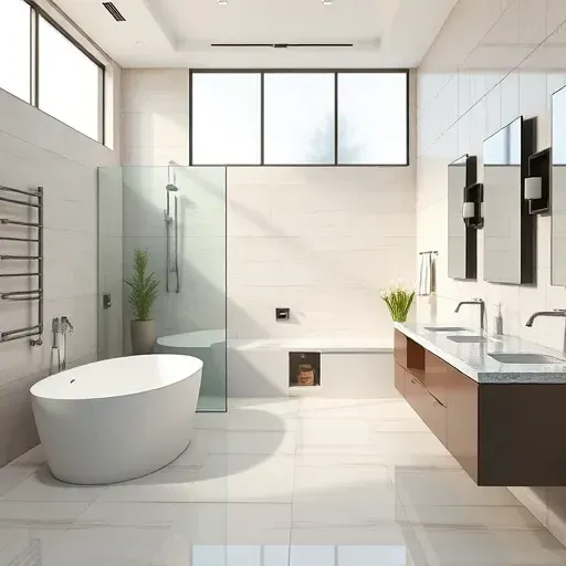 Remodeled South Euless Texas bathroom with frameless glass shower tub combo granite countertops modern fixtures neutral tiles and natural lighting