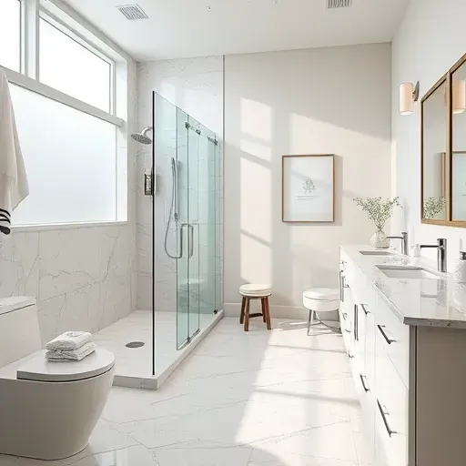 Renovated modern bathroom in Grand Prairie TX with walk-in shower, marble floors, granite vanity, and elegant decor