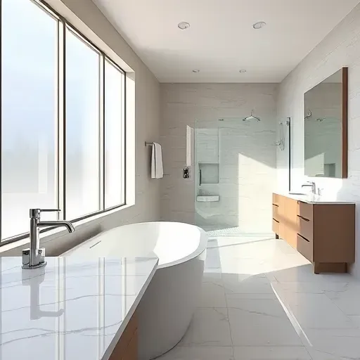 Modern Arlington TX bathroom remodel featuring marble counters, a freestanding tub, and sleek glass shower.