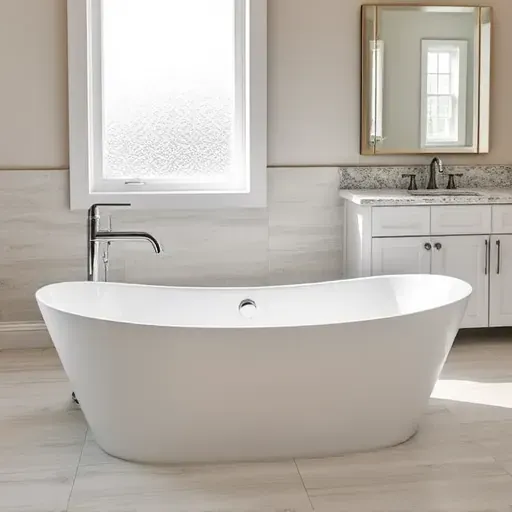 Freshly installed white porcelain bathtub with chrome fixtures in a modern bathroom featuring neutral tile backsplash and natural lighting