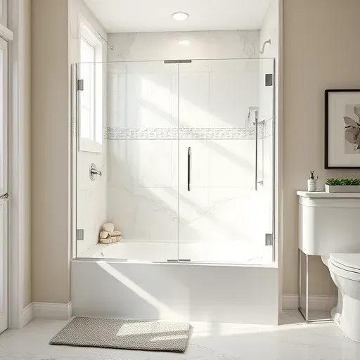 Pristine bathtub to shower conversion in Arlington TX featuring glass doors, chrome fixtures, beige white marble tiles, and natural light